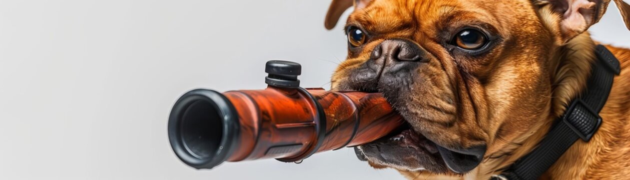 A studio portrait of a French Bulldog smoking a pipe. The background is white. The dog is wearing a black collar. The dog is looking at the camera.