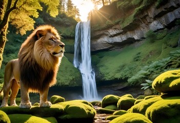 lion sitting by waterfall (353)