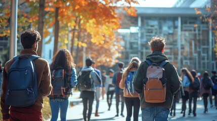 A busy college campus with students walking and talking, academic buildings in the background, copy space
