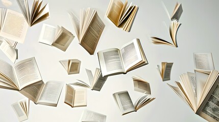 Scattered open books floating in mid-air. This conceptual artwork symbolizes the spreading of knowledge. Ideal for educational and literary themes. AI