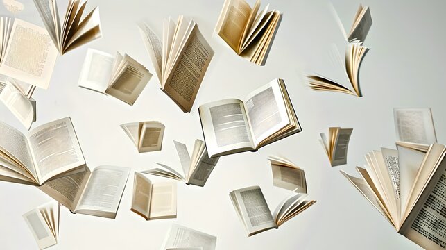 Scattered open books floating in mid-air. This conceptual artwork symbolizes the spreading of knowledge. Ideal for educational and literary themes. AI