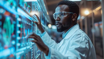 A scientist presenting a board filled with facts and data, in a research lab, focused and serious, copy space