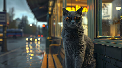 A cute Russian blue cat is wearing sunglasses, Pose sitting and waiting at a bus stop. Generative...