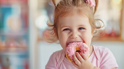 copy space, stockphoto, happy caucasian toddler eating a donut, national donut day theme. Happy black caucasian child with a donut. Colorful image. Sugar food. Child is having a good time, unhealthy f