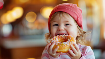 copy space, stockphoto, happy caucasian toddler eating a donut, national donut day theme. Happy black caucasian child with a donut. Colorful image. Sugar food. Child is having a good time, unhealthy f