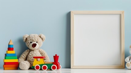 White wooden picture frame with blank mock up standing next to teddy bear and colorful wooden toy train and stacking pyramid on light blue background