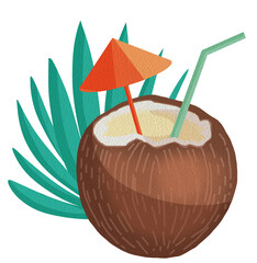 Fresh coconut drink illustration, tropical fruit, flat style,  leaves, summer vibes