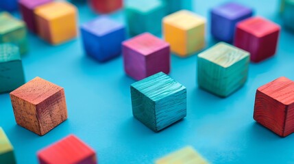 Wooden multi colored blocks on blue background