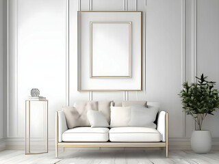 Frame mockup, ISO A paper size. Living room wall poster mockup. Interior mockup with house background. Modern interior design. 3D render