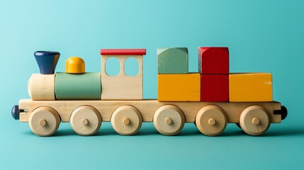 Wooden toy train with colorful blocks on blue background