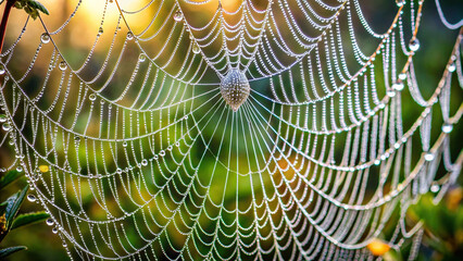 A detailed shot of a dew-covered spider web, emphasizing the interconnectedness of nature