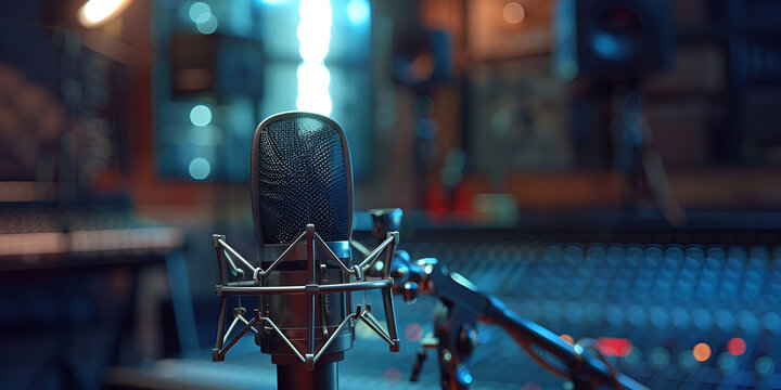 Recording Studio with Professional Silver Microphone and Audio Equipment.
