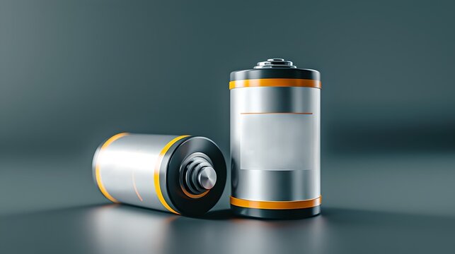 Close-up of two cylindrical batteries on a sleek surface. Modern battery design with metallic finish for technology and energy storage concepts. AI