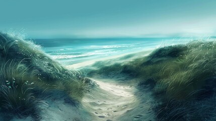 Turquoise beach, sandy path winding through dunes, ethereal light illuminating the landscape, clear blue sky, serene and peaceful atmosphere