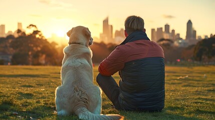 Man and dog sit together watching sunset in city park. Tranquil urban life moment. Ideal for relaxation and companionship themes. AI