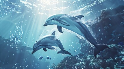 Dolphins exhibiting playful behavior in deep ocean