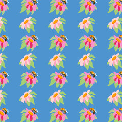 Summer background peonies bee Blue seamless pattern spring pink meadow flower ornament Pattern wrapping fabric wallpaper chintz cambric muslin