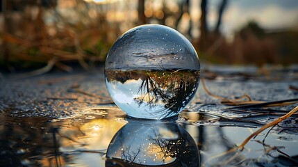 A glass ball sitting on top of a puddle of water.