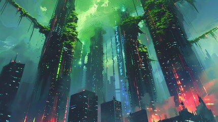 Low-angle view of futuristic skyscrapers entwined with colossal, glowing vines, ethereal sky and floating islands, watercolor style, vibrant hues, fantasy urban exploration