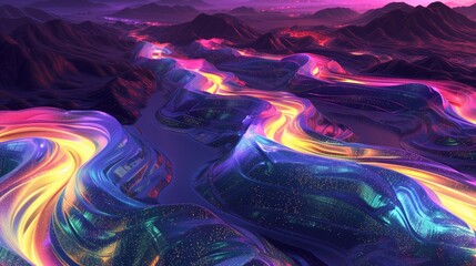 Surreal 3D landscape with iridescent rivers cascading through undulating terrain, radiant hues dancing across the scene.