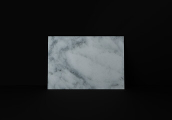 Marble texture vertical rectangle A4 paper sheet mockup on floor over black wall, 3D rendering