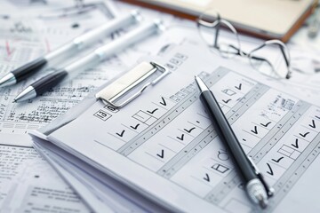 Close-up of documents with charts and checklists on a desk, accompanied by pens, glasses, and a clipboard in a professional workspace.
