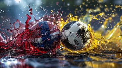 liquify country flags of Germany and Scotland splash towards each other, with a soccer ball in the middle, football EM 2024, Group phase matchday 1, Generative ai