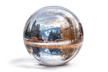 Crystal ball reflecting a stunning winter landscape with snowy mountains, evergreen trees, and a serene frozen lake in a picturesque setting.
