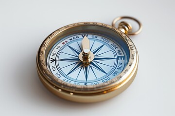 Elegant brass compass with detailed blue navigation dial on white background. Precision instrument symbolizing direction and exploration.