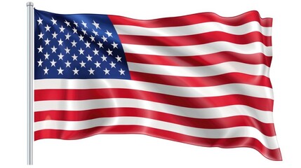 American USA flag wavy shape clear ultra high details standing flagpole isolated on white background