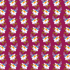 Seamless pattern daisy dragonfly Lilac background postcards posters banners Spring Summer fabric clothing Suitable wrapping paper wallpaper Textile template Vector