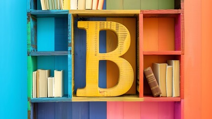 Alphabet bookshelf concept with B letters on colorful background