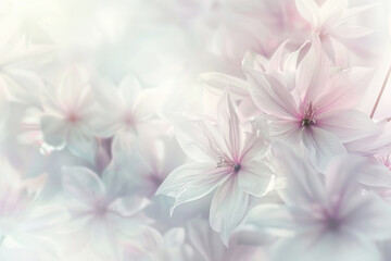 A tranquil and abstract floral design, with soft blooms in shades of pink and white, blurred at the edges to enhance a dreamy feel.