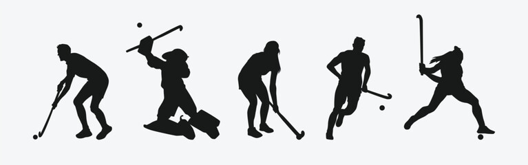 Field hockey silhouette set on white background. Male and female athletes with different action, pose. Vector illustration.
