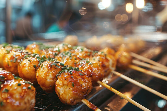 Close-up of Japanese takoyaki balls on a wooden skewer, with a dynamic blur of the busy street market in the background. Highlighting the glossy texture and octopus filling.