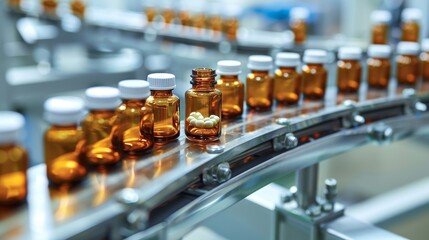 Small glass medicine bottles on a conveyor belt, captured in a sterile and efficient pharmaceutical production setting
