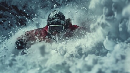 Snowboarder entangled in deep snow, displaying the raw power of nature and the thrill of the adventure