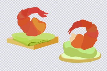 Canapes with different toppings. Appetizer food. Sandwich canape in flat style isolated on transparent. Fresh seafood for restaurant, sushi bar menu, poster. Healthy and tasty food ideas. Vector