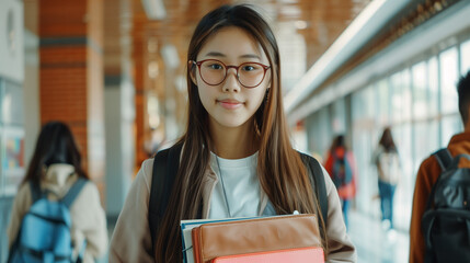 Female asian college student holding backpack and books, standing in university hallway, some others students in the background. Eductation theme, back to school theme.
