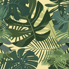 The image is a pattern of green tropical leaves on a light olive background.

