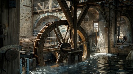 Salt mill from the past, water wheel in action, grinding cane, surrounded by old machinery, detailed historical engineering
