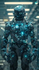 Generate a cinematic still frame of a robot standing in a futuristic setting