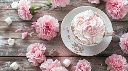 Cappuccino and homemade marshmallow dessert pink carnations on wooden table