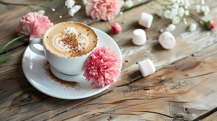 Cappuccino and homemade marshmallow dessert pink carnations on wooden table