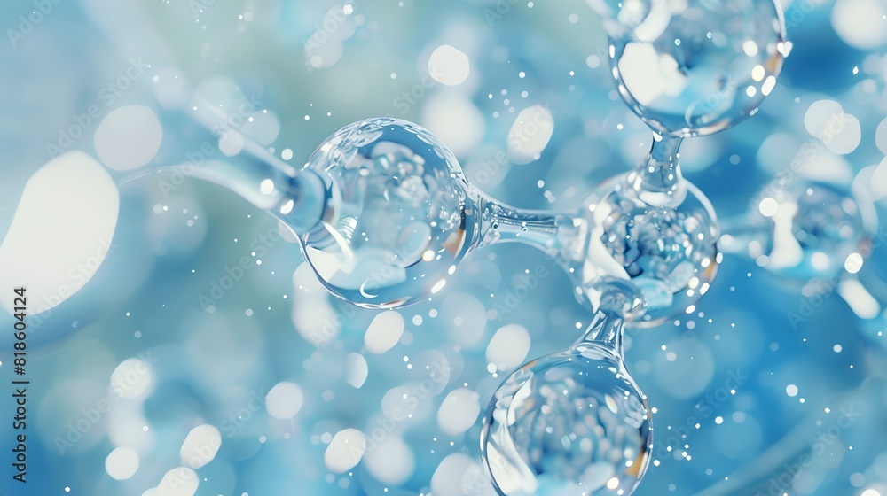 Wall mural close-up of sparkling water molecules structure on a blue background symbolizing purity and science.