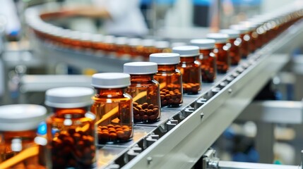Rows of glass medicine bottles with capsules on a conveyor belt, intricate details of pharmaceutical production line