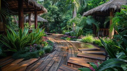 The spa garden with wooden paths, surrounded by exotic plants and flowers.
