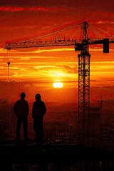 Construction managers oversee a new city skyline at sunset, silhouettes against fiery skies, cranes looming overhead, a symbol of urban growth, highresolution cityscape in the back
