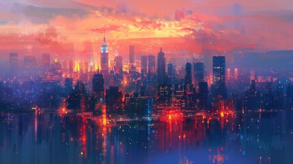 Fototapeta premium Reversed skyline, contemporary architecture, bright city lights, artistic urban landscape, dreamy atmosphere, twilight