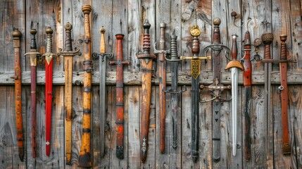 Exquisite display of vintage historical weapons hanging on a beautifully crafted wooden wall